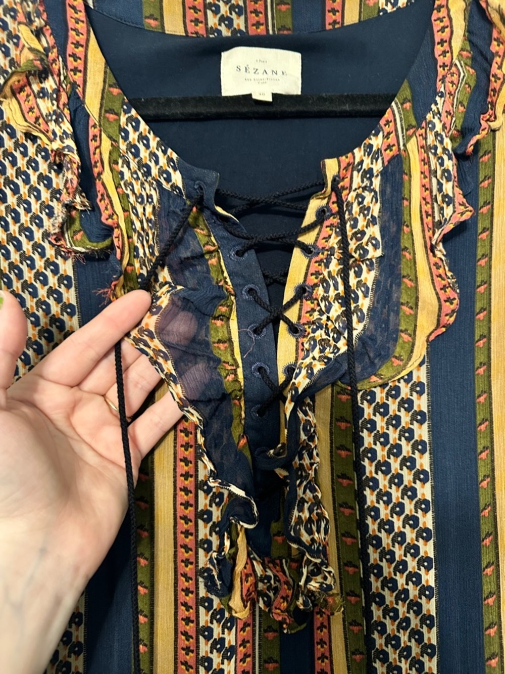 Sezane Dolores Lace Up Sleeveless Ruffle Maxi Dress in Maya Stripe Size 8 - Picture 7 of 10